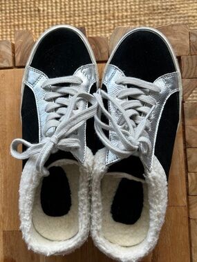 Marc Fisher Black and Silver Shearling-Lined Sneakers mules